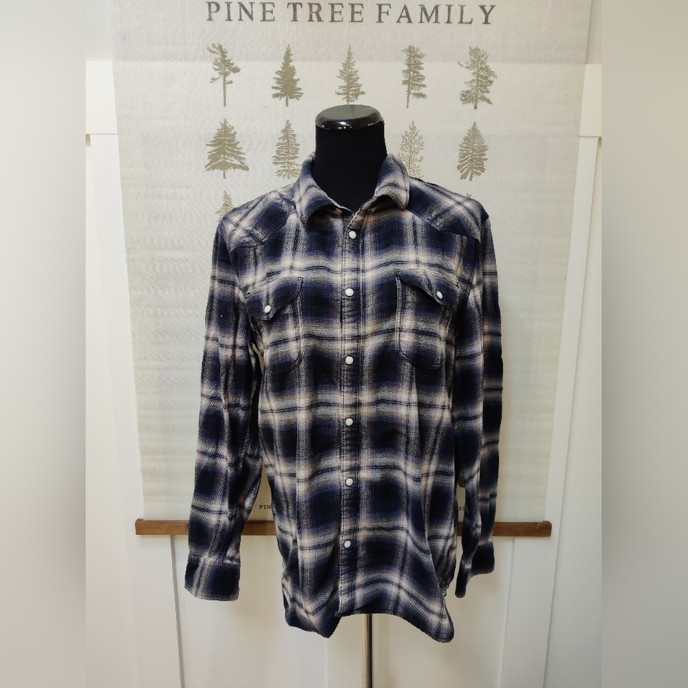 Distillery Apparel Men's Plaid Western Snap Button Shirt - Blue/Tan - Medium